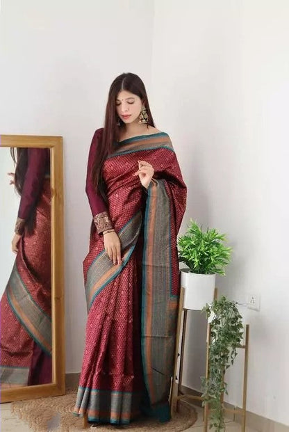 Maroon And Aqua Green Color Coper Jari Design Soft Silk Saree