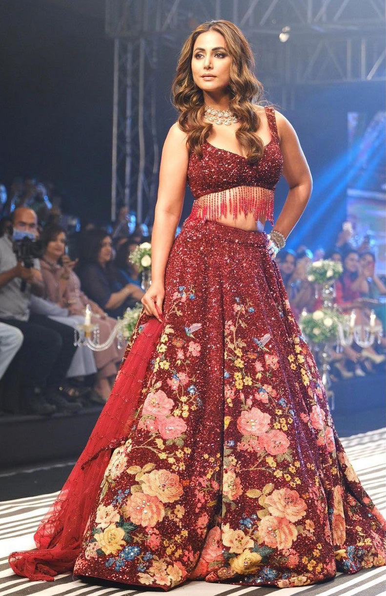 Heena Khan Style Red Color Sequence Embroidery work Lehenga Choli