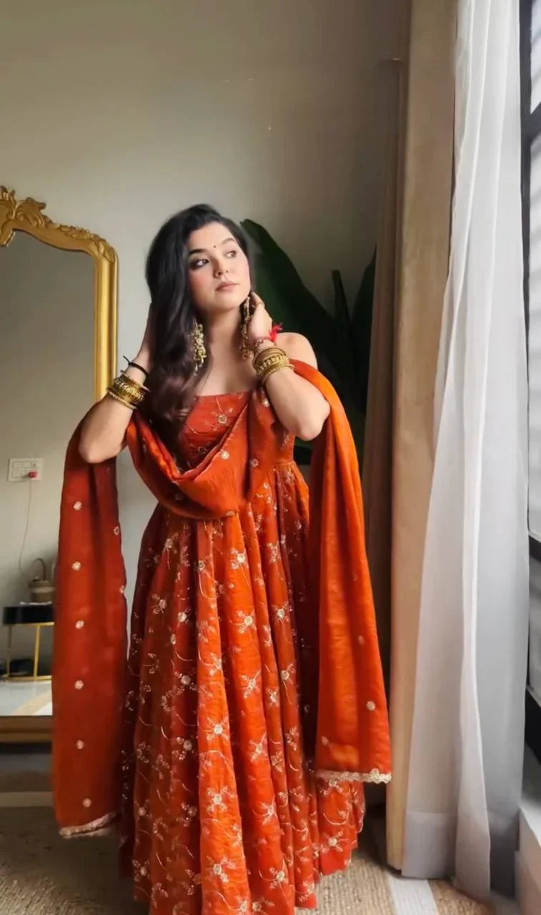 Radiant Elegance Orange Embroidered Designer Anarkali Suit Set