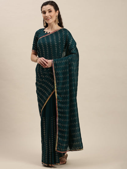 Imposing Sea Green Beads and Stones Work Saree