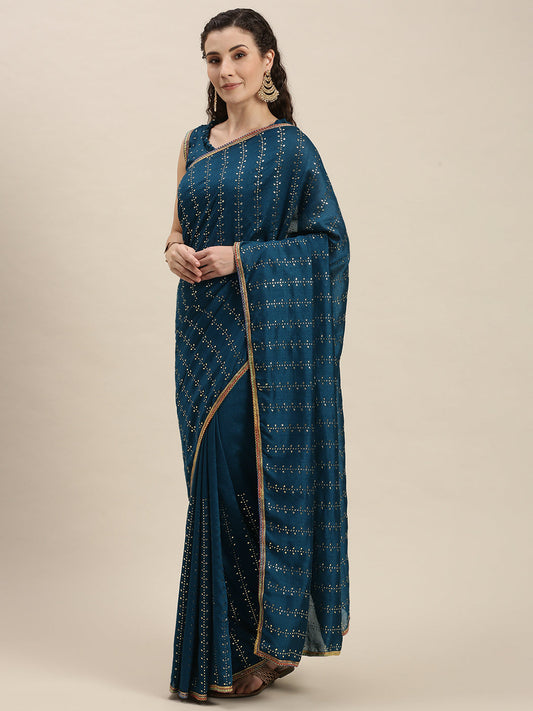 Exclusive Teal Blue Beads and Stones Work Saree