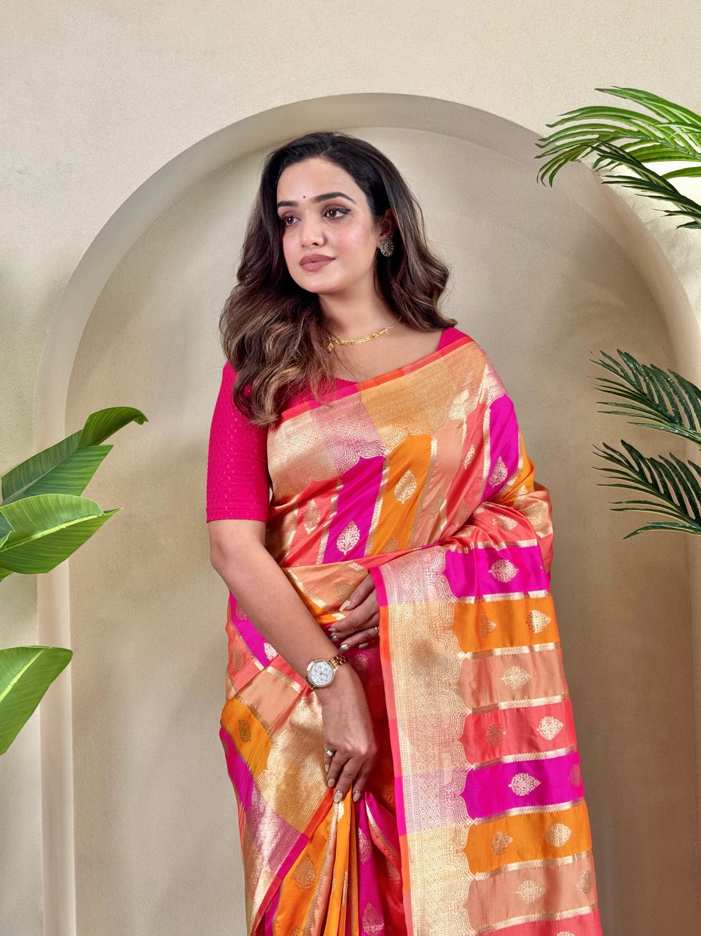 Stunning Benarasi Silk Multi Color Orange Pink Saree