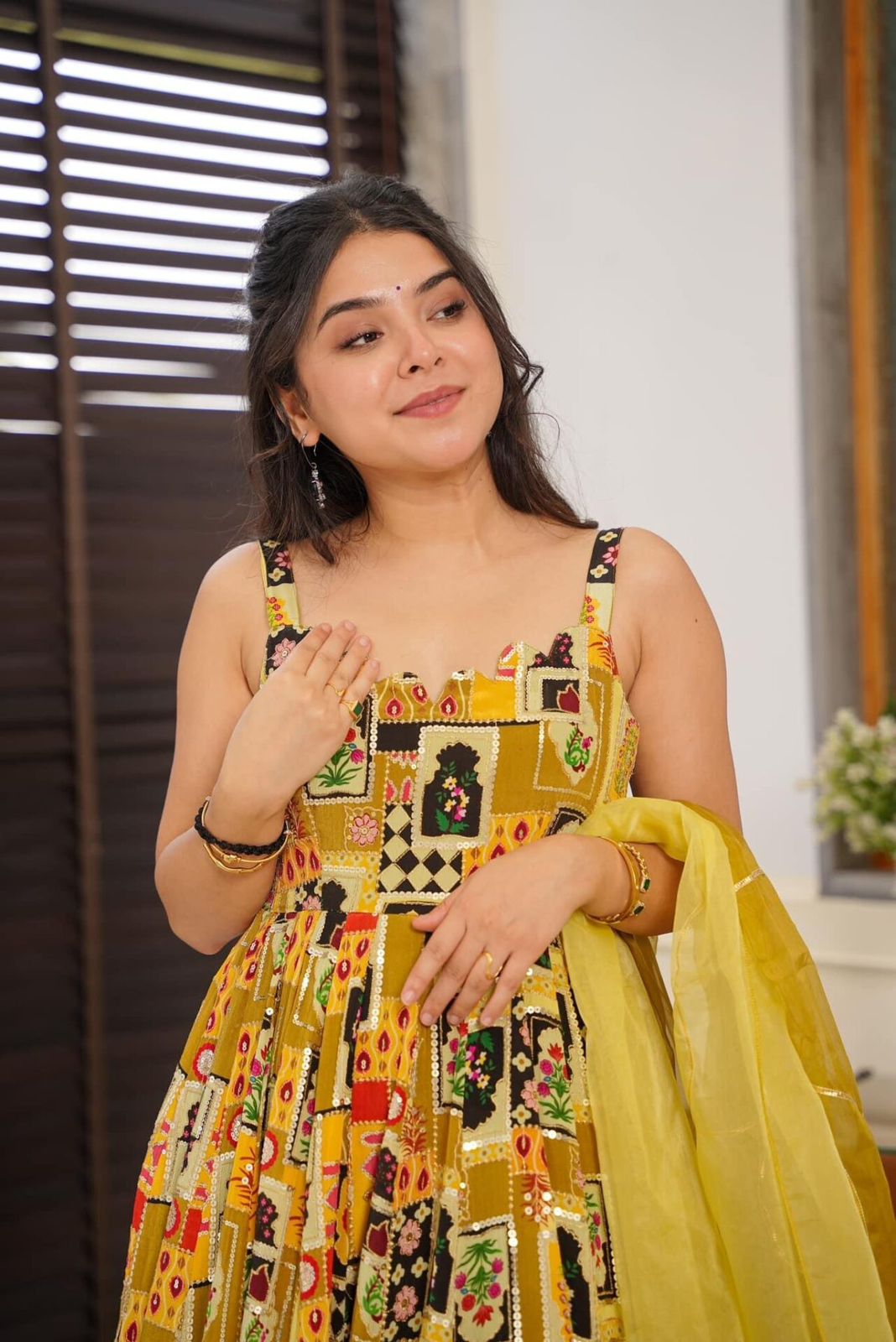 Beautiful Organza Silk Digital Print Yellow Color Anarkali Gown