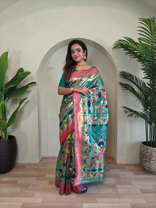 Wonderful Paithani Silk Sky Blue Color Saree