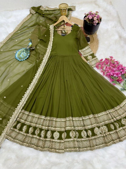 Wonderful Georgette Embroidery Work Mehndi Color Gown