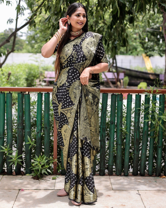 Trendy Zari Weaving Border Black Color Pure Bandhani Saree