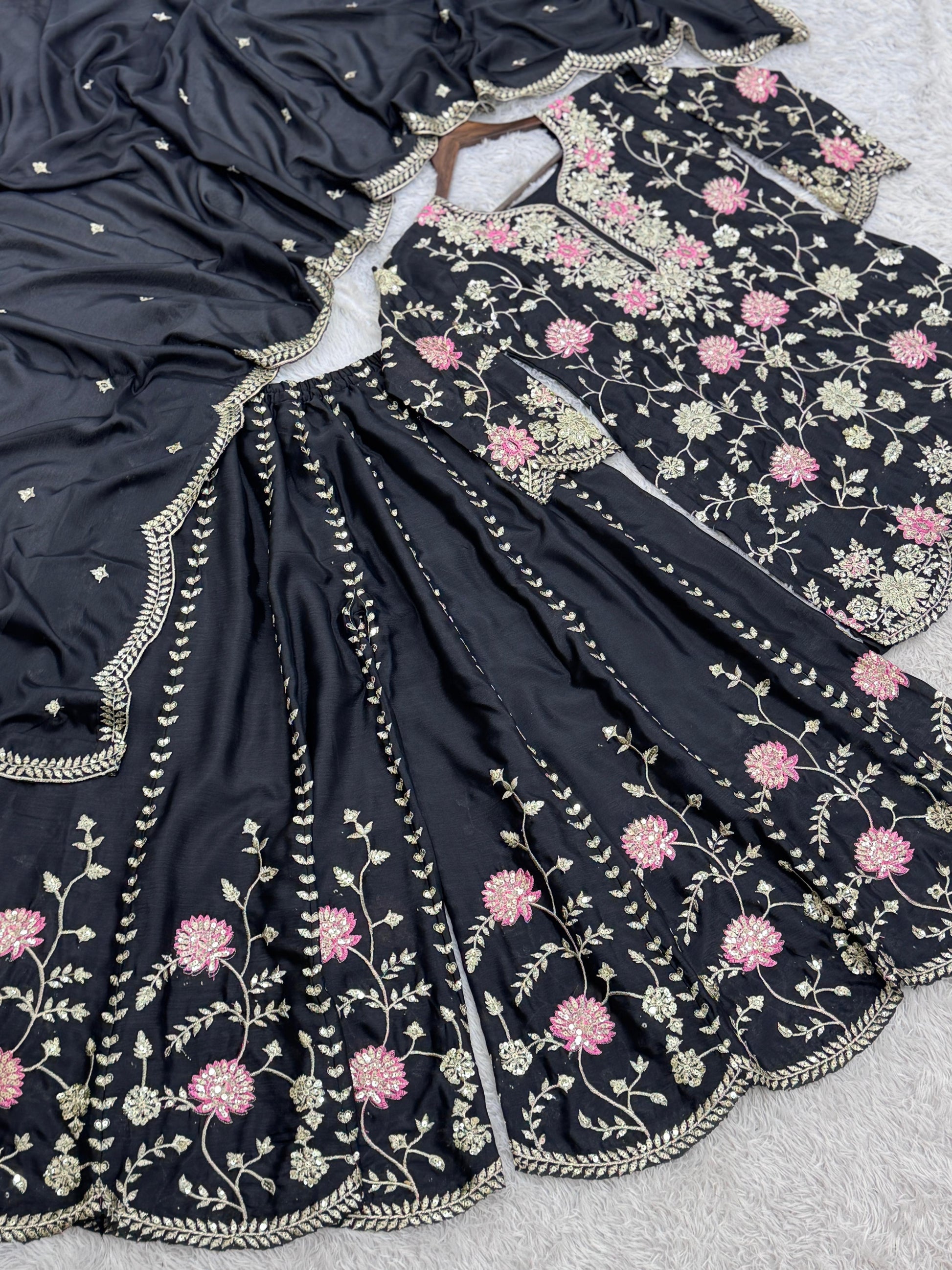 Outstanding Sequence And Thread Work Black Color Sharara Suit