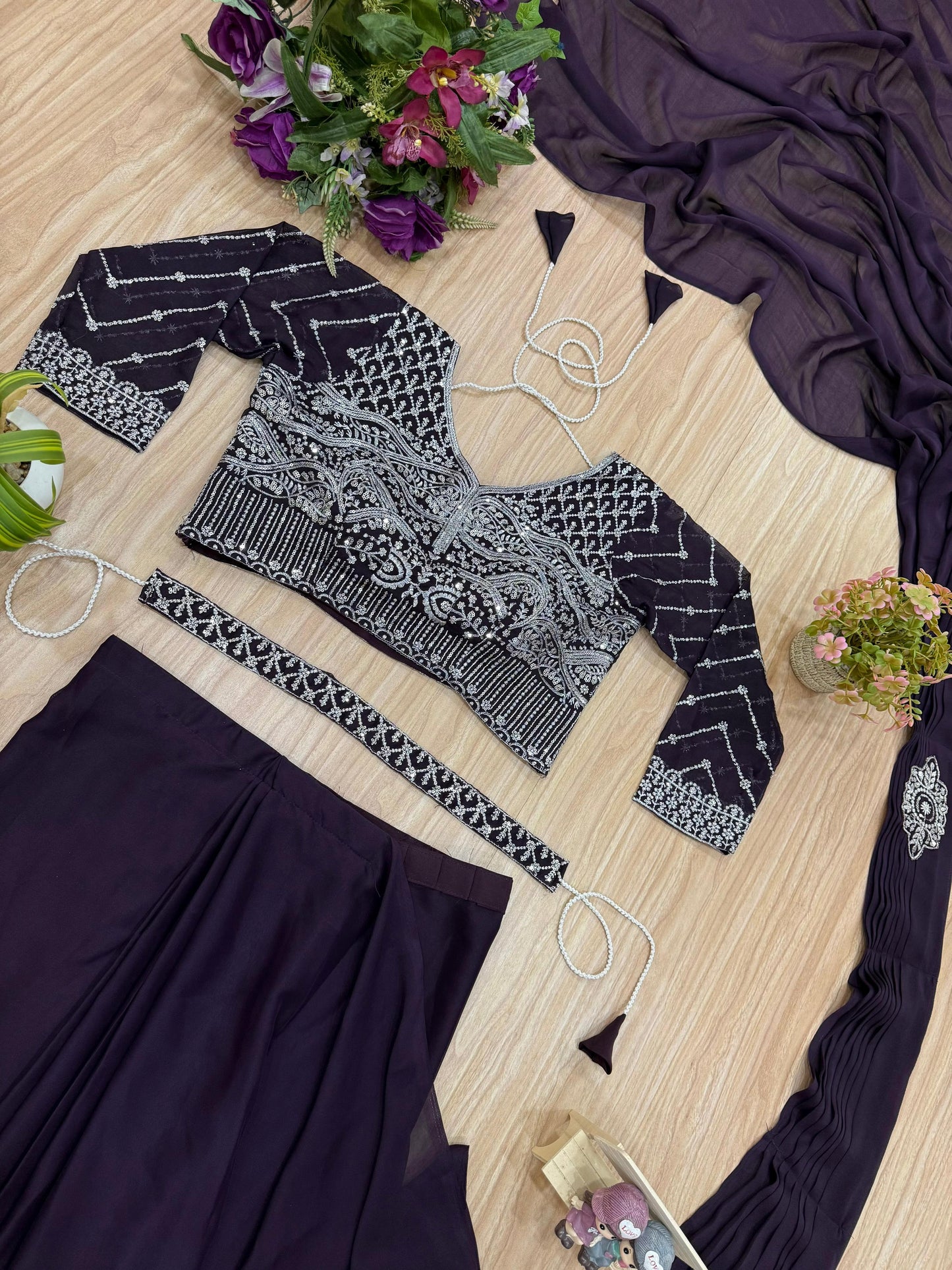 Wedding Wear Embroidery Work Purple Color Ready To Wear Saree