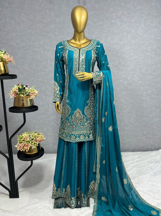 Glossy Teal Blue Color Chinon Silk Palazzo With Dupatta Set