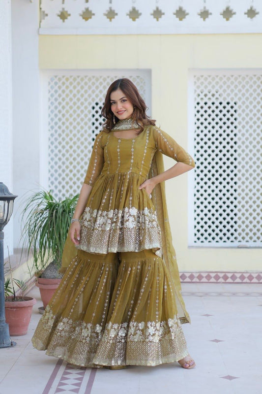 Opulent 3mm Sequence Work Menhndi Color Sharara Suit