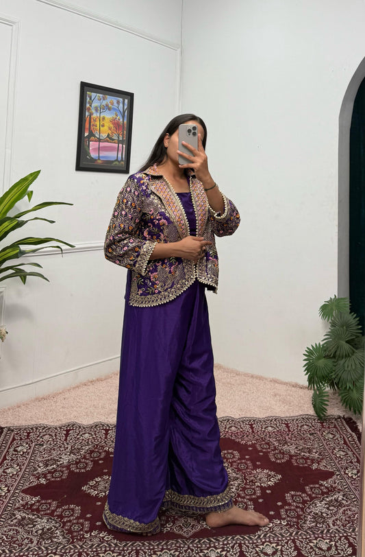 Flattering Chinon Purple Color Palazzo Top With Koti