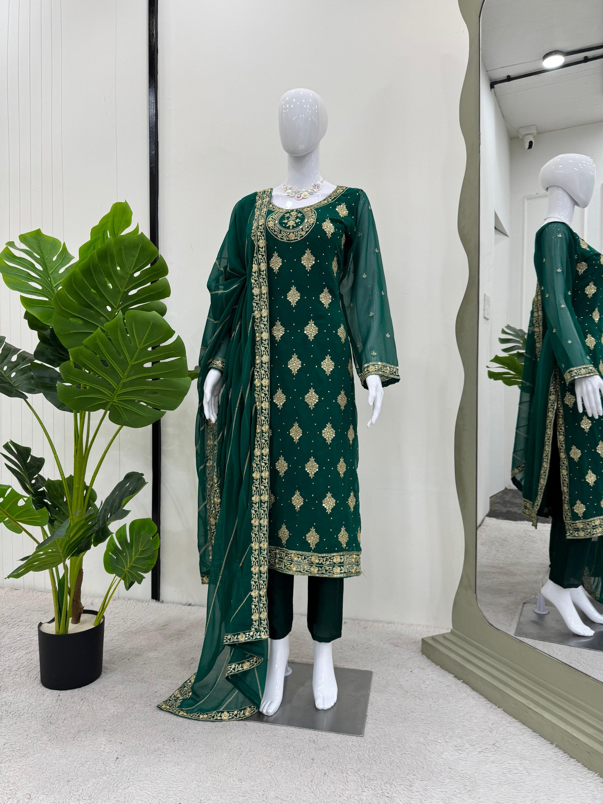 Delightful Green Color Gorgette Sequence Work Salwar Suit