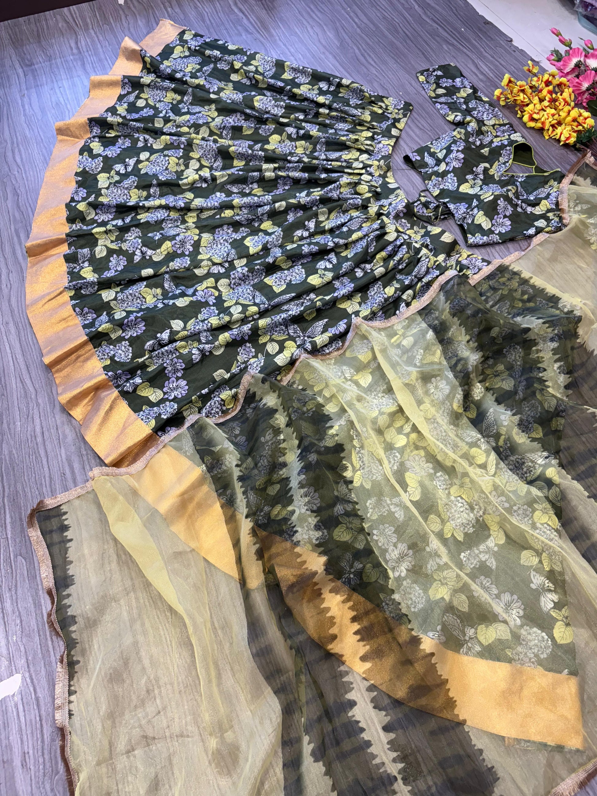 Stunning Chinon Silk Green Color Flower Print Lehenga Choli