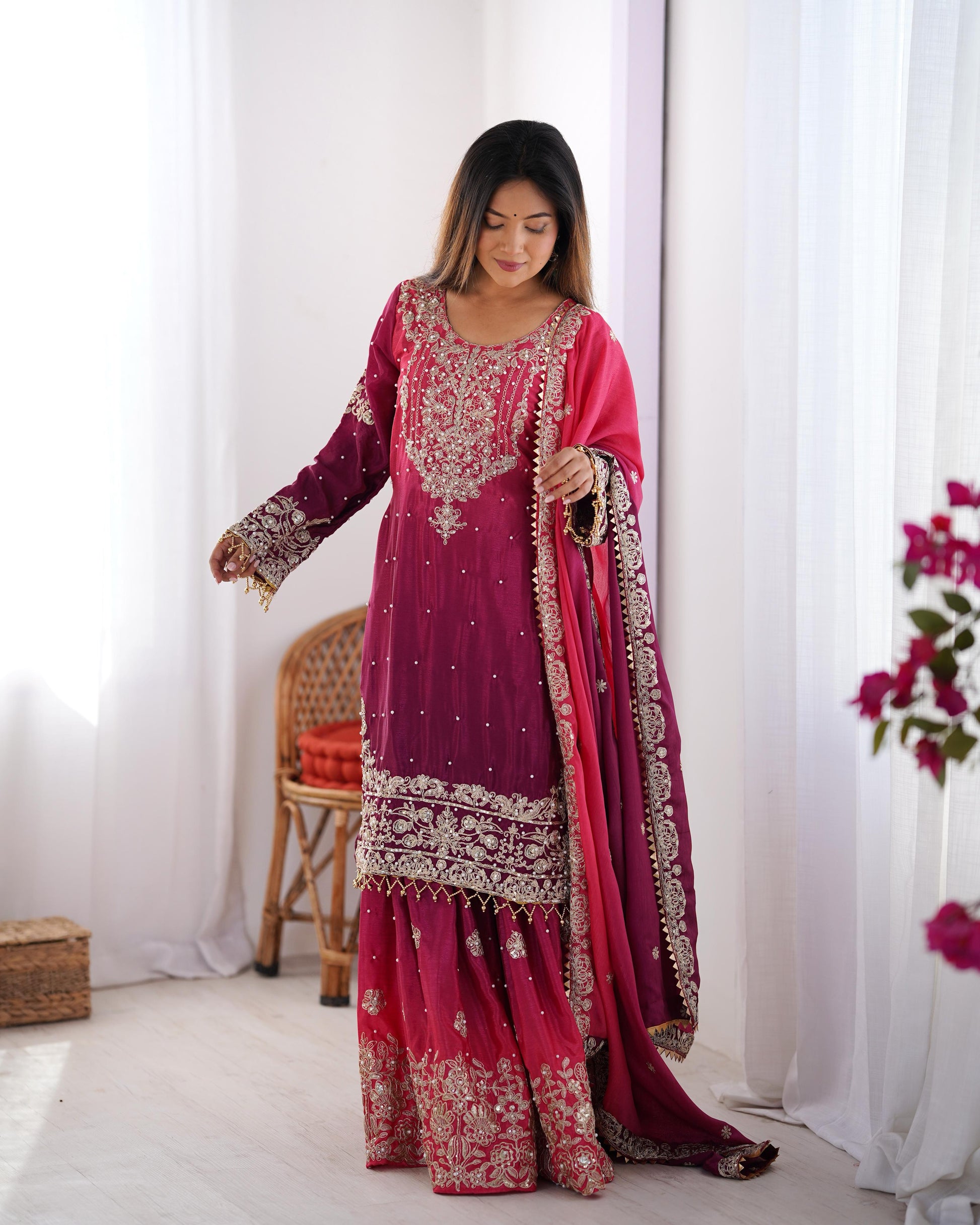 Good Looking Chinon Silk Rivet Moti Pink Color Sharara Suit