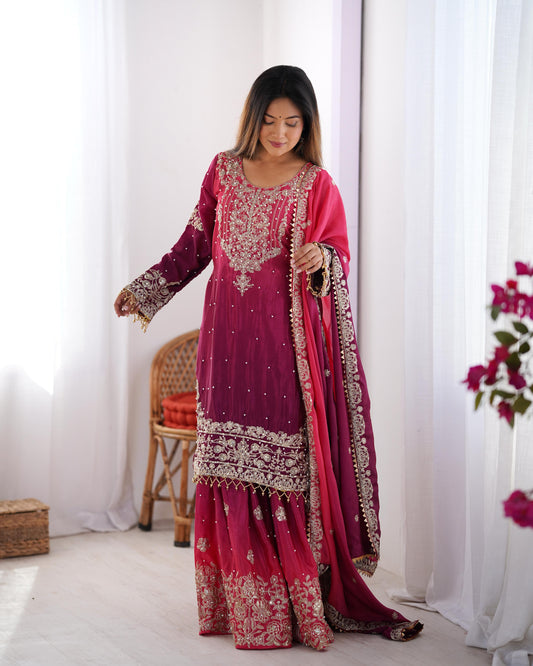 Good Looking Chinon Silk Rivet Moti Pink Color Sharara Suit