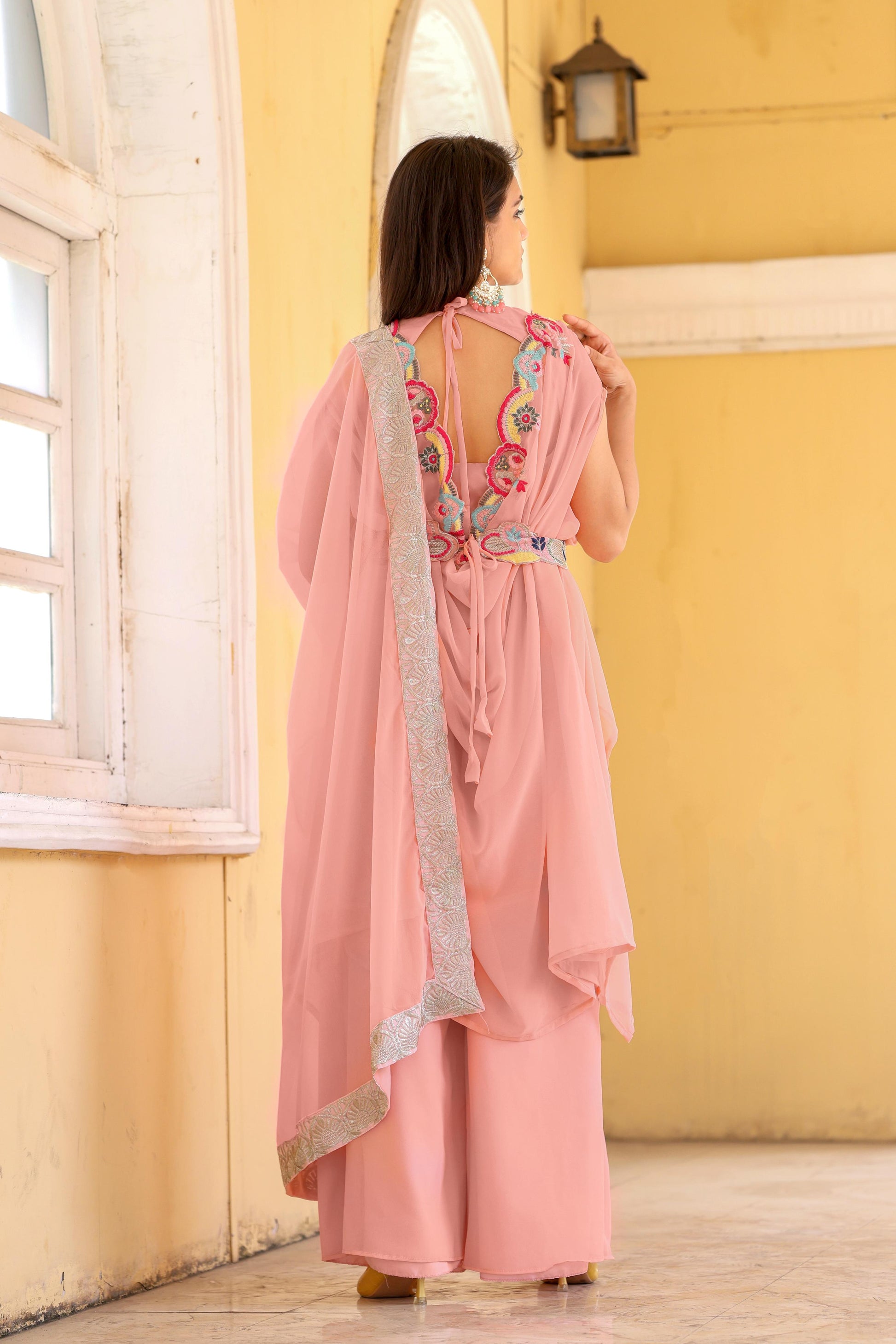 Unique Georgette Pink Color Palazzo Suit With Koti