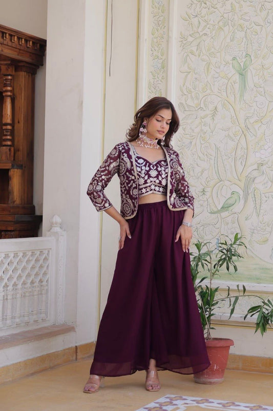 Glossy Georgette Lace Work Wine Color Palazzo Suit With Koti