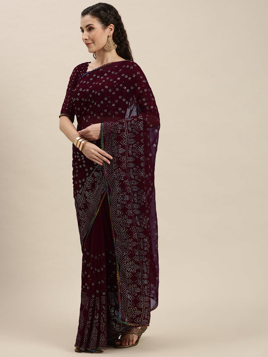 Purple Color Silver-Toned Embroidered Saree