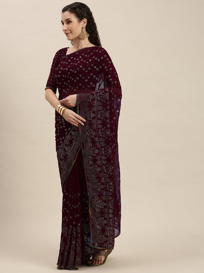 Purple Color Silver-Toned Embroidered Saree