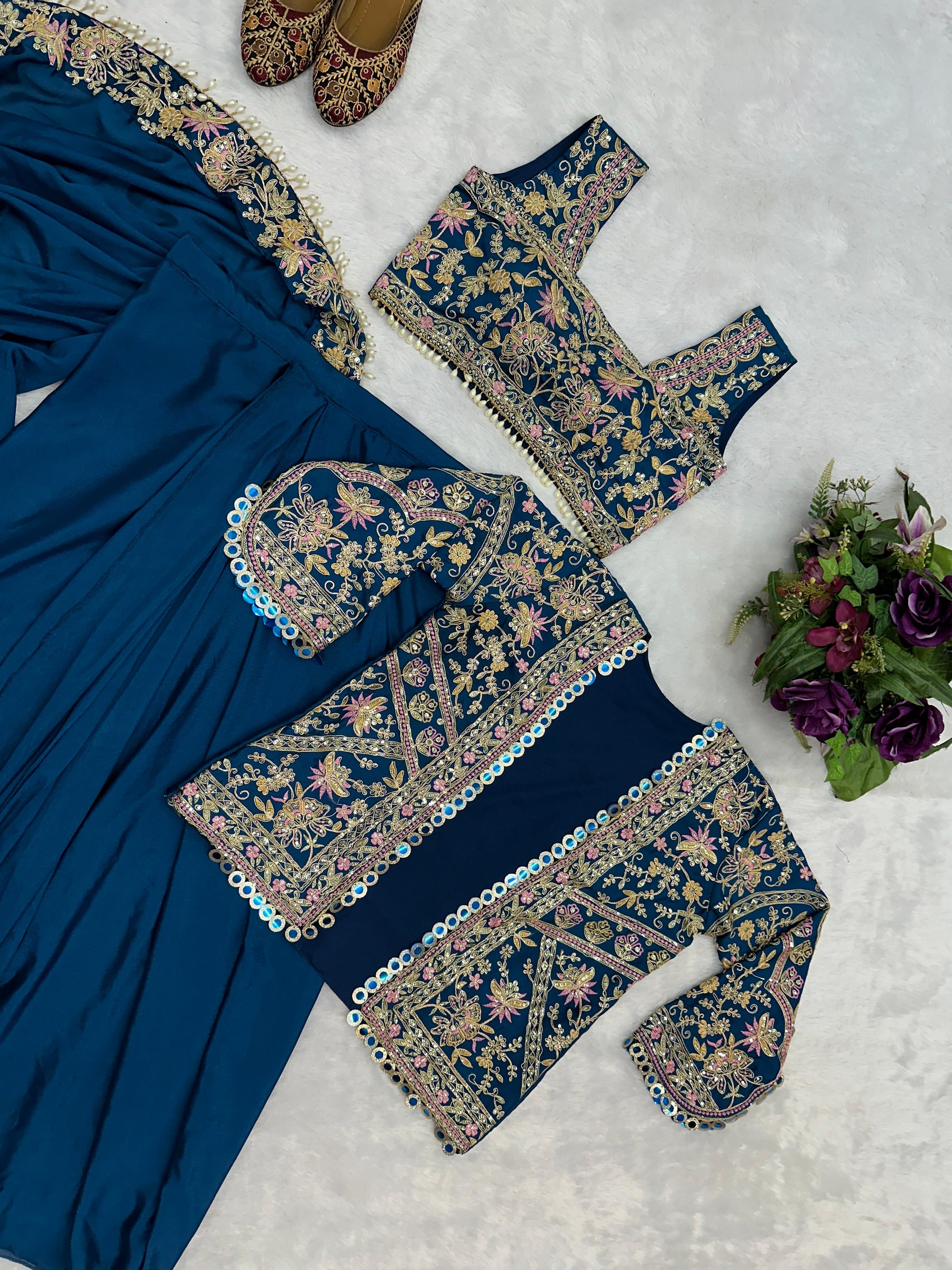 Presenting Embroidery Work Navy Blue Color Ready To Wear Saree