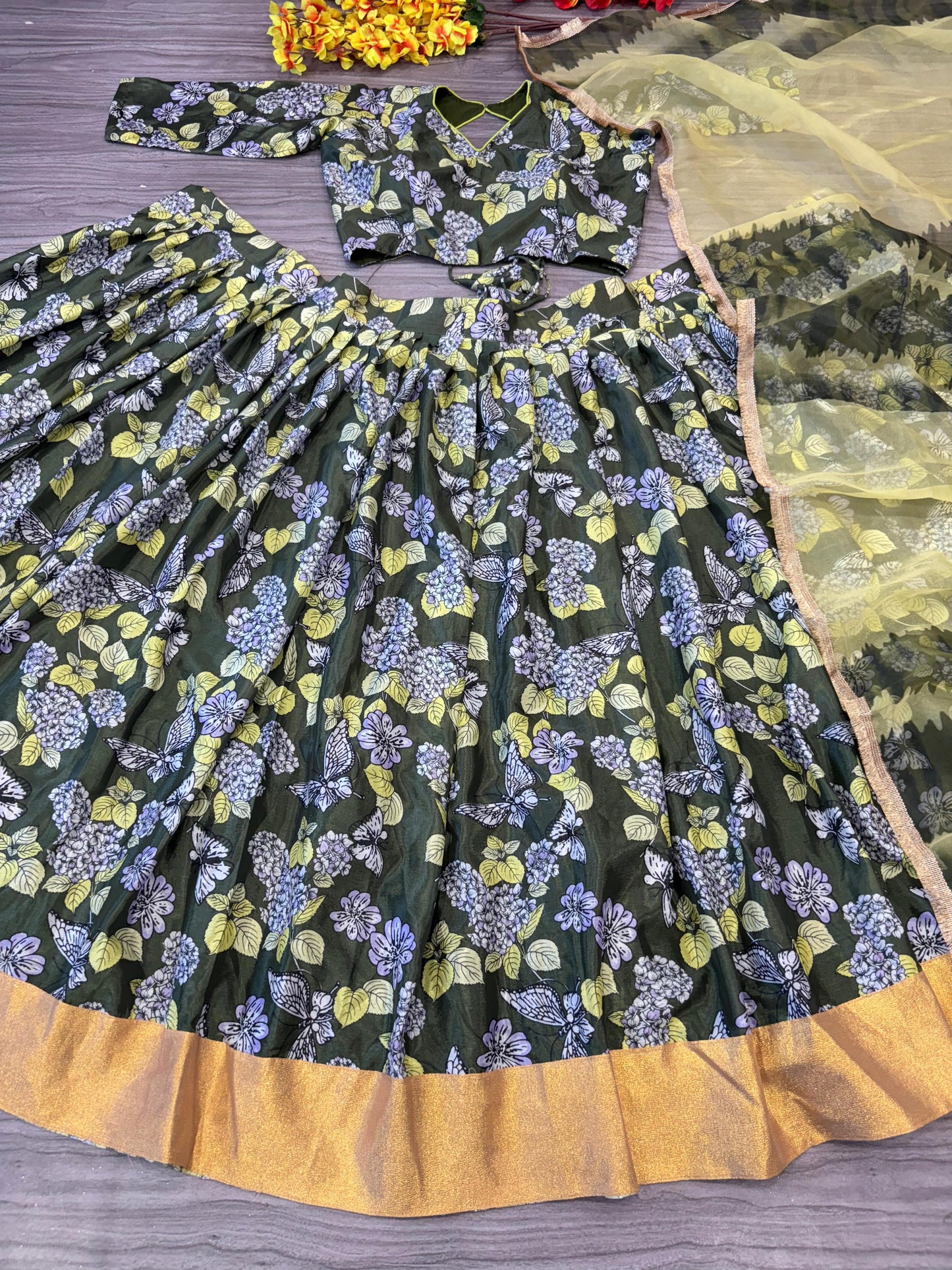 Stunning Chinon Silk Green Color Flower Print Lehenga Choli