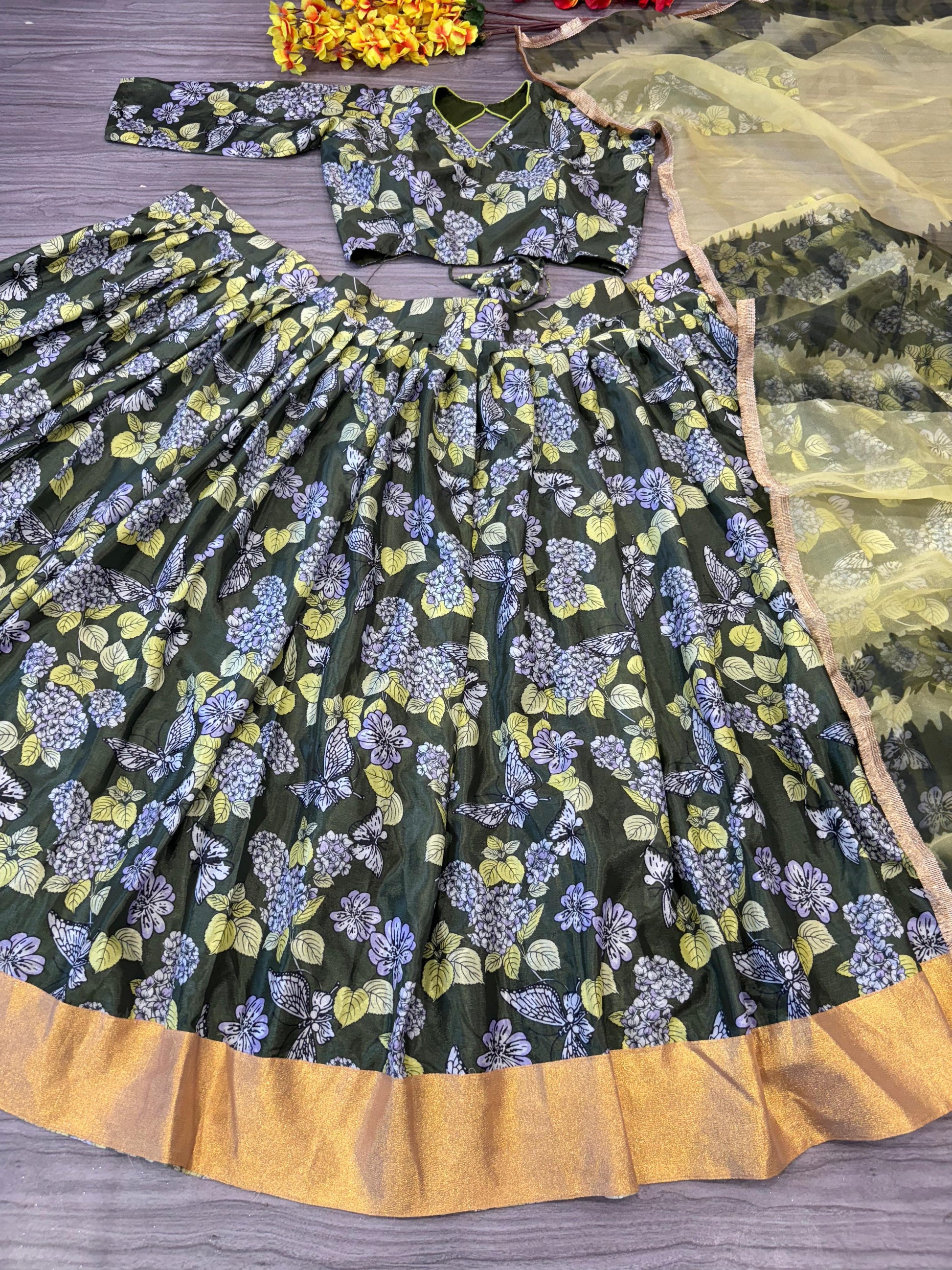 Stunning Chinon Silk Green Color Flower Print Lehenga Choli