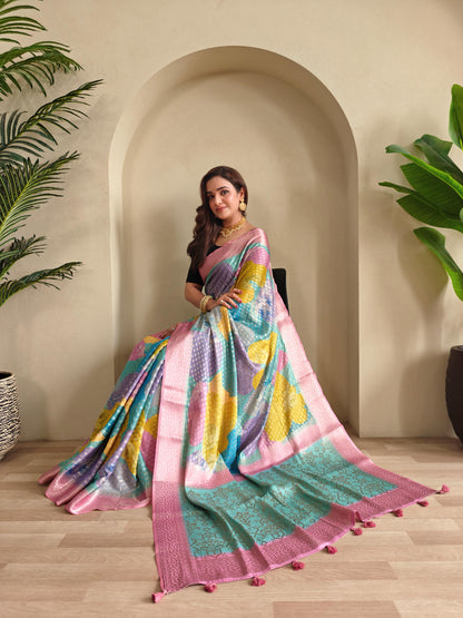 Multi Color Design Beautiful Print Pink Color Saree