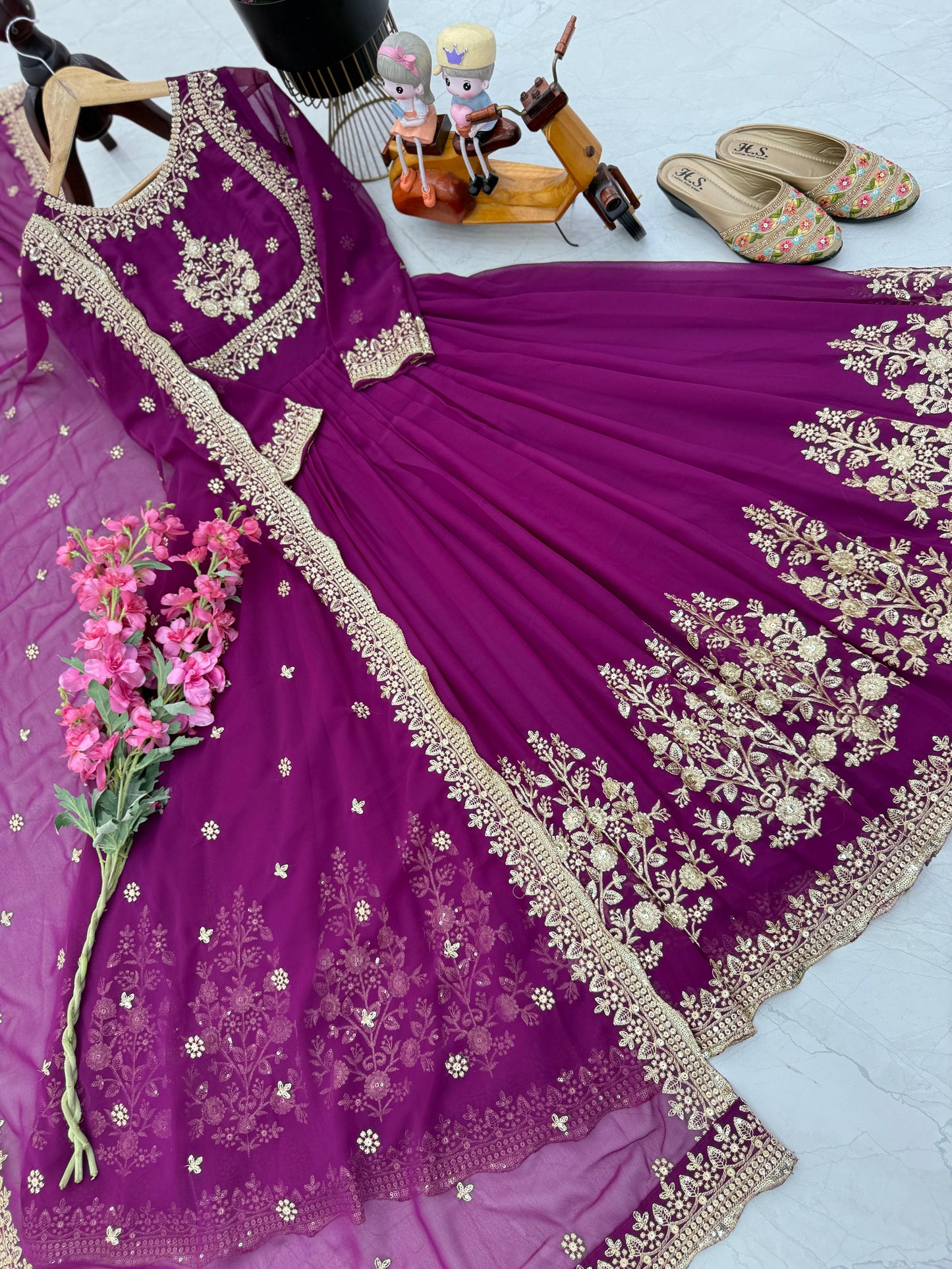 Designer Heavy Work Wine Color Gown
