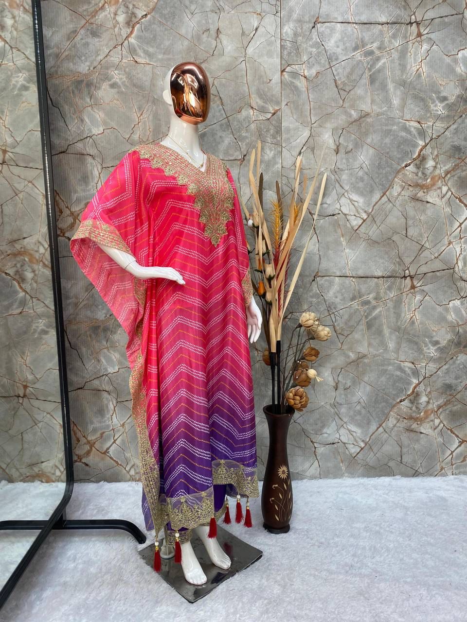 Preferable Chinon Embroidered Work Pink Multi Color Kaftani Dress