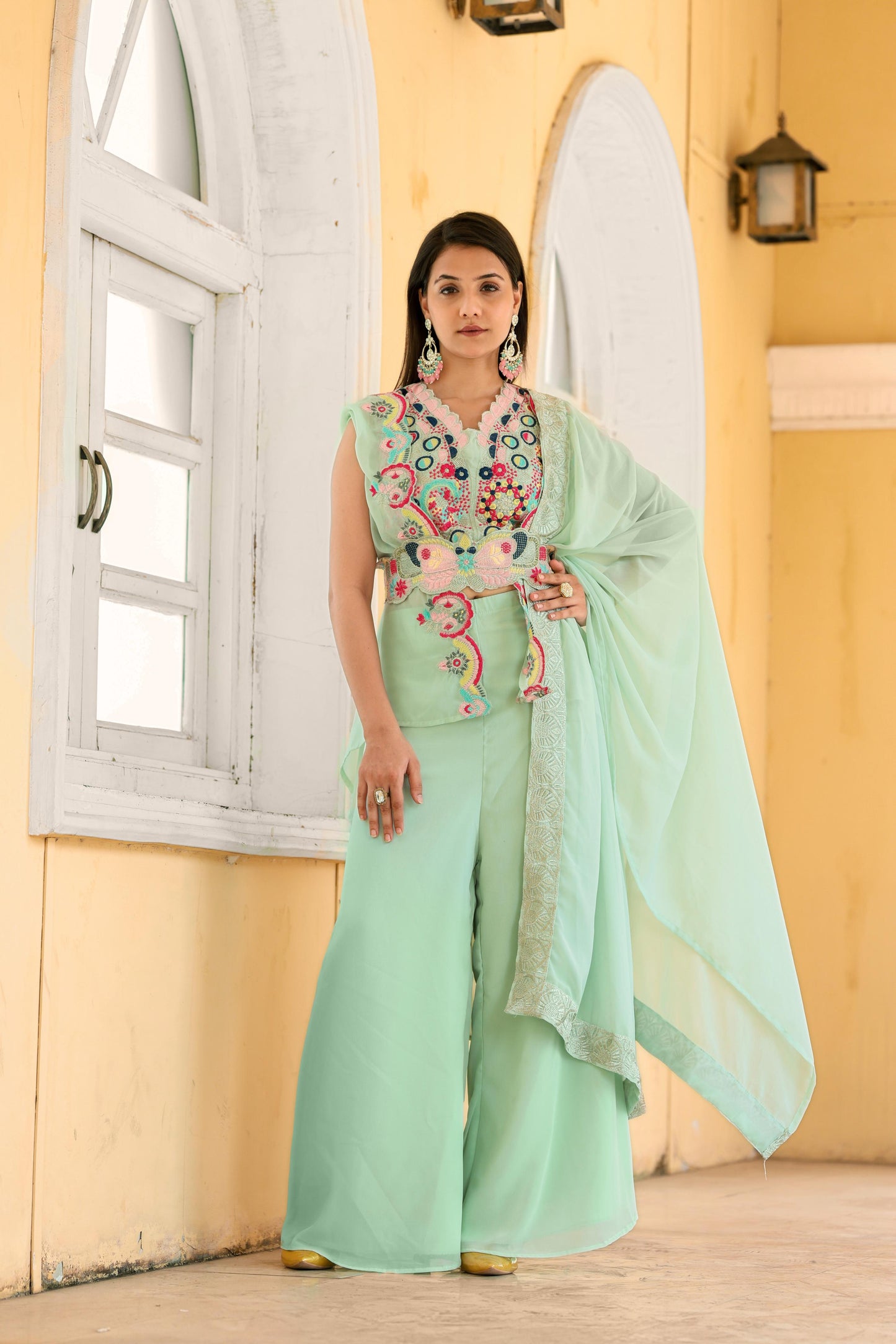 Unique Georgette Pista Color Palazzo Suit With Koti