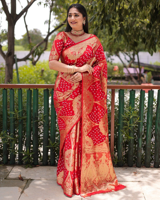 Trendy Zari Weaving Border Red Color Pure Bandhani Saree