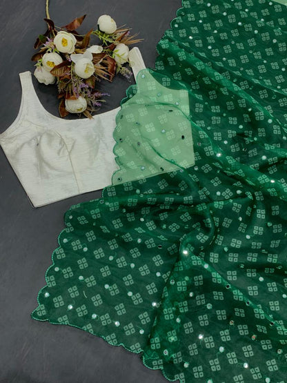 Bandhani Print Green Color Pure Organza Saree