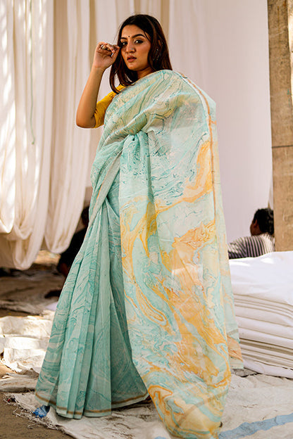 Beautiful Sky Blue Color Cotton Lilen With Digital Printed Saree