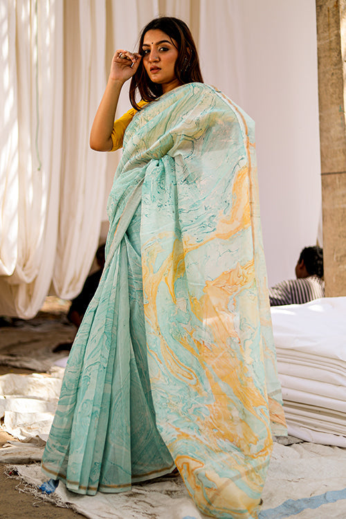 Beautiful Sky Blue Color Cotton Lilen With Digital Printed Saree