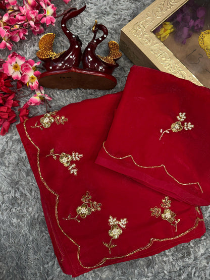 Stunning Sequins Handwork Red Color Saree