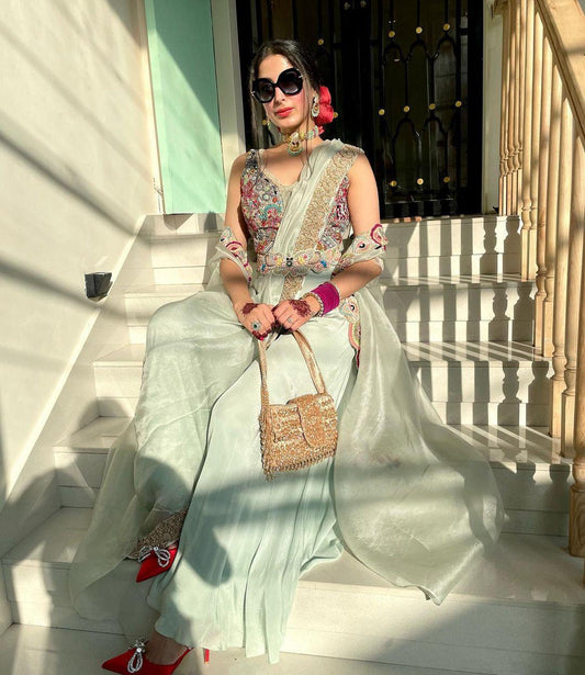 Unique Georgette Pista Color Palazzo Suit With Koti