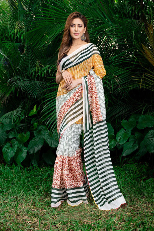 Exclusive Multi Color Pure Cotton Lilen With Digital Printed Designer Saree