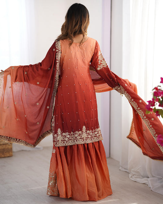 Good Looking Chinon Silk Rivet Moti Orange Color Sharara Suit