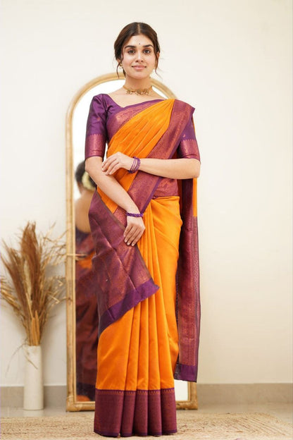 Designer Orange Color Coper Jari Design Soft Silk Saree