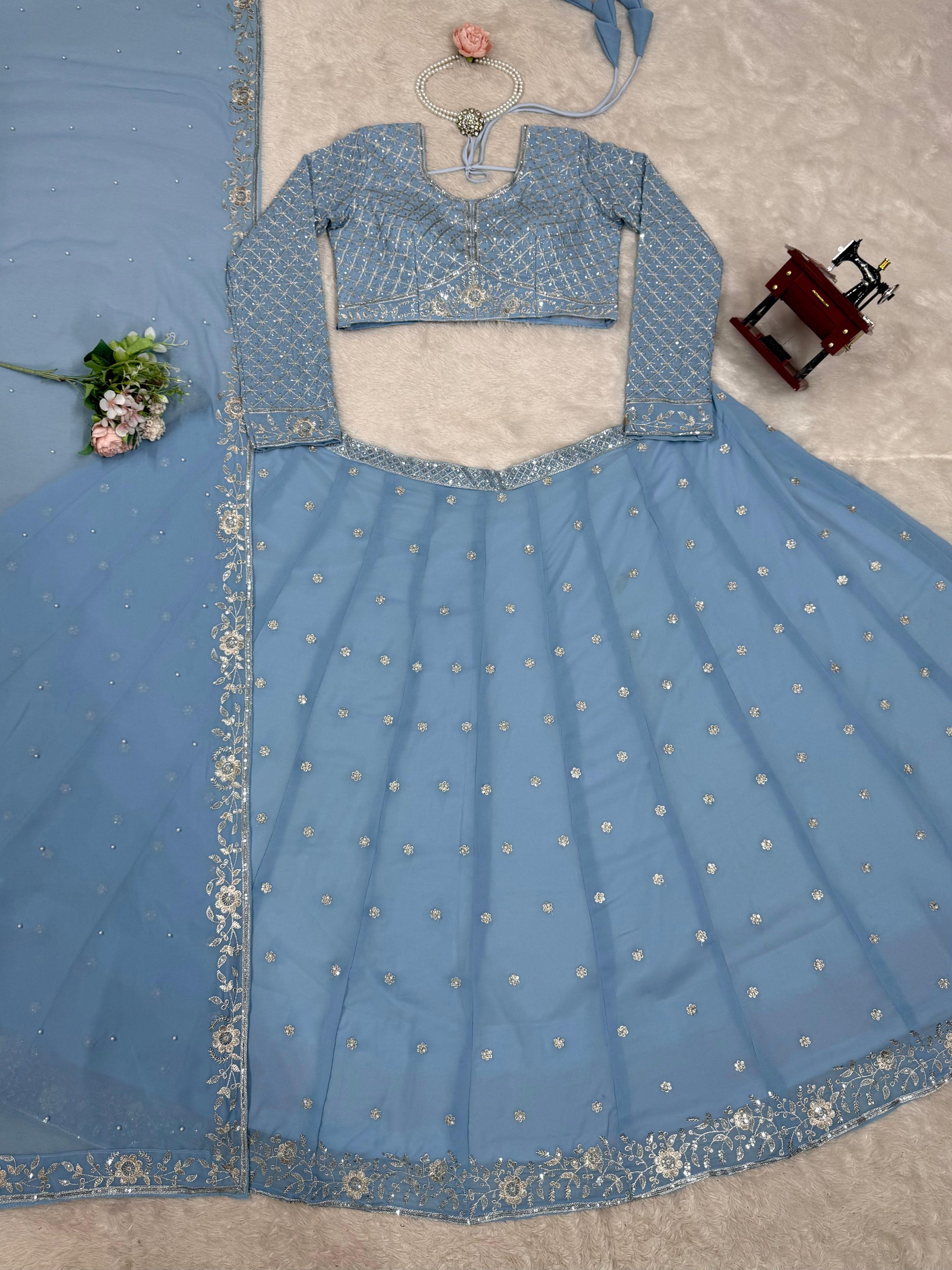 Opulent Gorgette Sky Blue Color Lehenga choli
