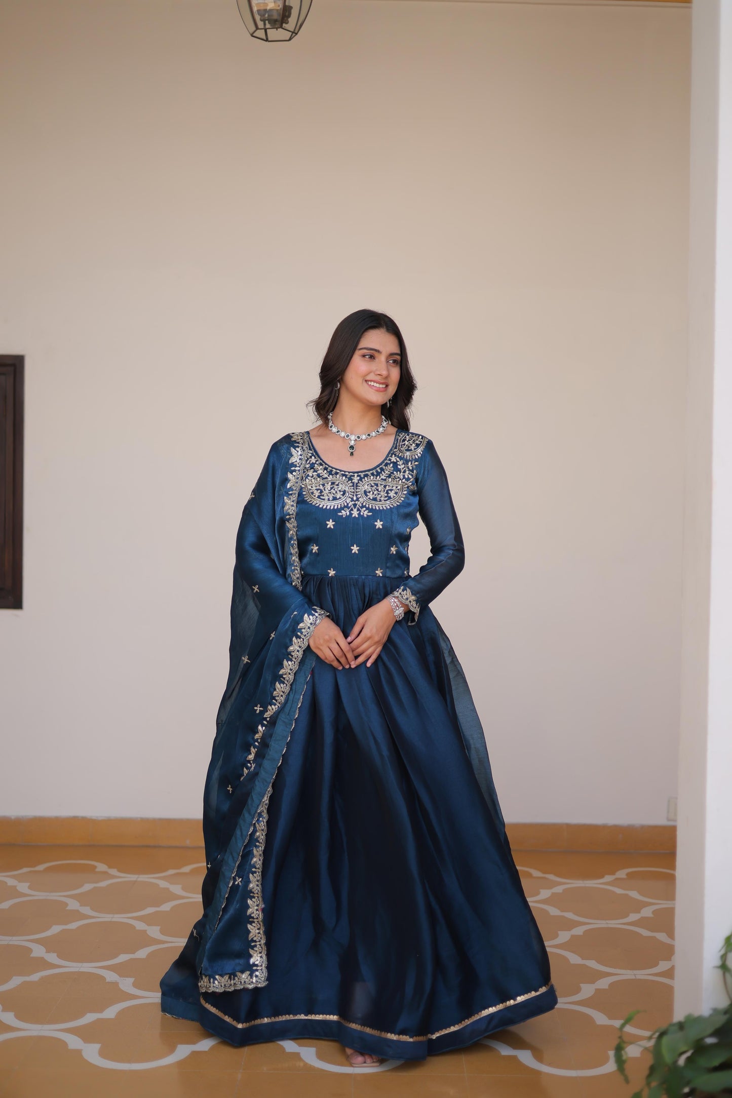 Festive Wear Burberry Silk Teal Blue Color Gown