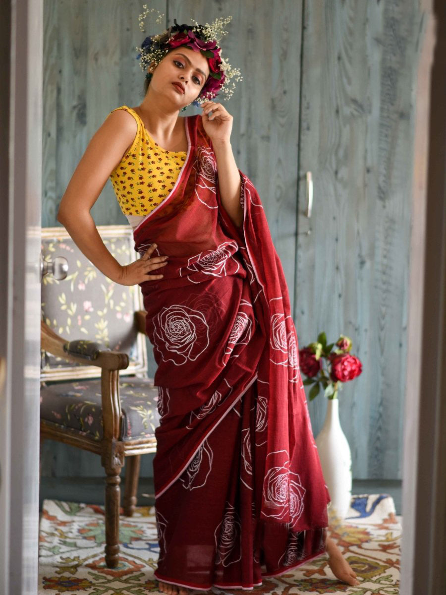 Classic Maroon Color Pure Cotton Lilen With Digital Printed Designer Saree