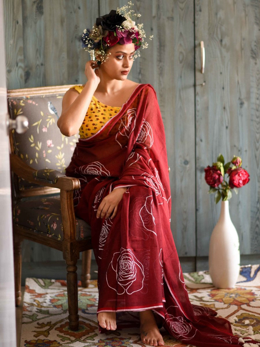 Classic Maroon Color Pure Cotton Lilen With Digital Printed Designer Saree