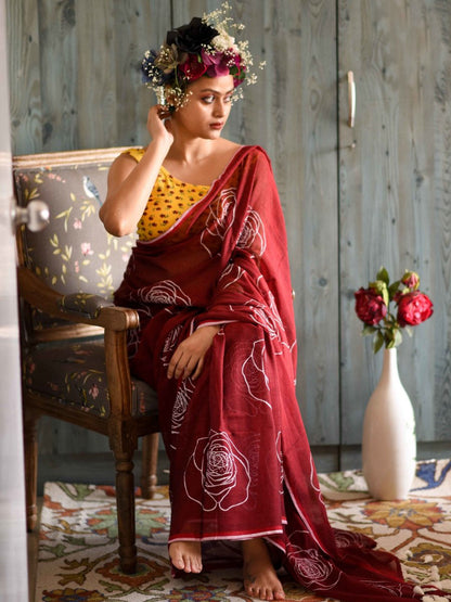 Classic Maroon Color Pure Cotton Lilen With Digital Printed Designer Saree