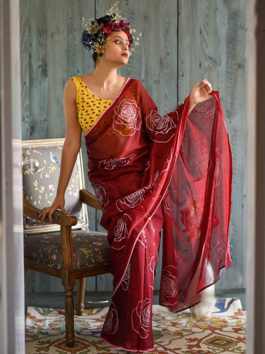 Classic Maroon Color Pure Cotton Lilen With Digital Printed Designer Saree