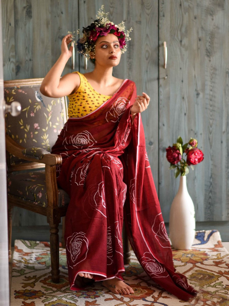 Classic Maroon Color Pure Cotton Lilen With Digital Printed Designer Saree