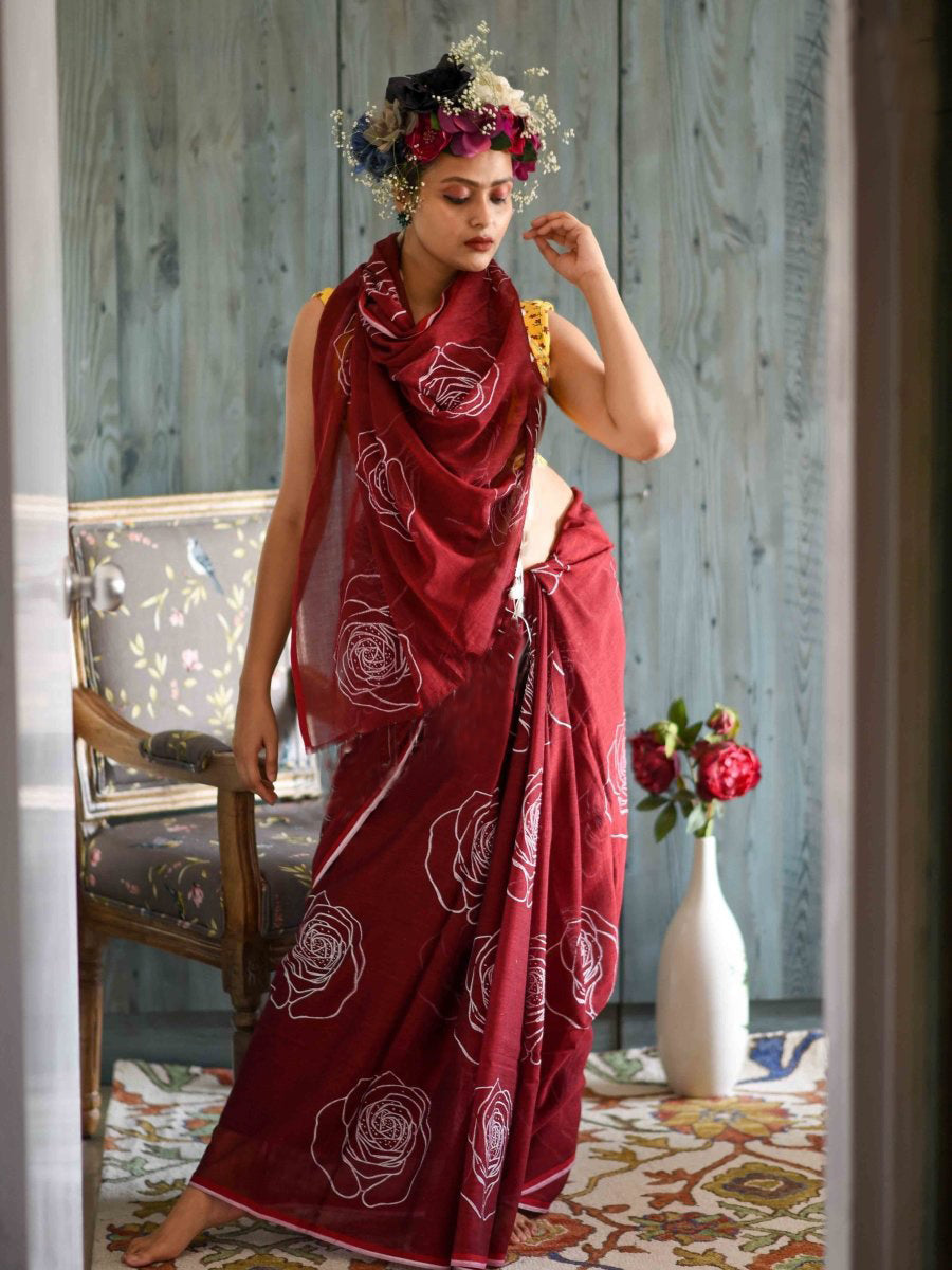Classic Maroon Color Pure Cotton Lilen With Digital Printed Designer Saree