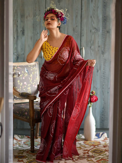 Classic Maroon Color Pure Cotton Lilen With Digital Printed Designer Saree