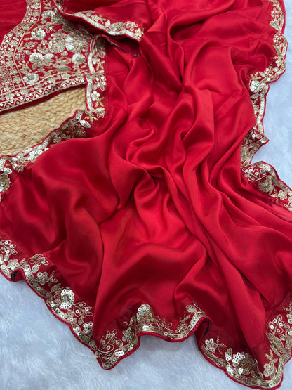 Gorgeous Red Color Rangoli Sequence Silk Saree