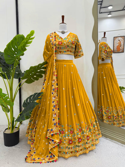 Multi Thread Work Georgette Mustard Color Lehenga Choli